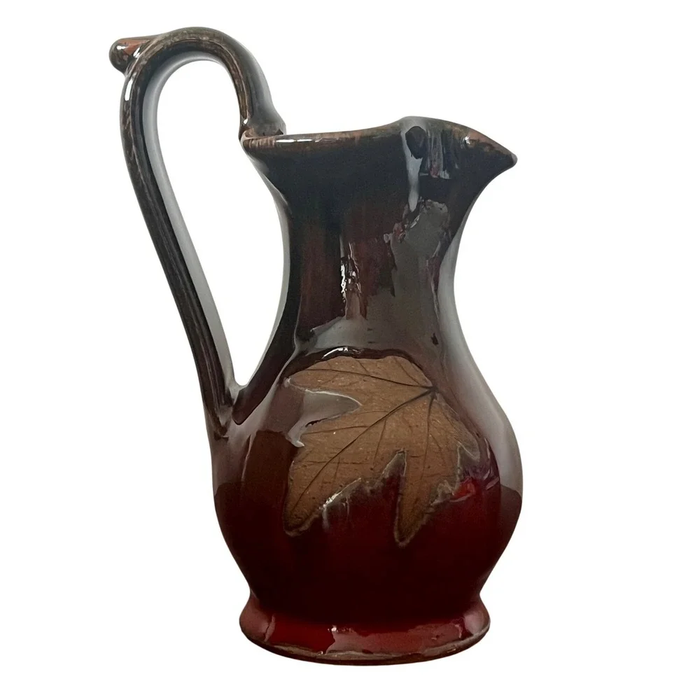 Alewine Pottery 2008 Signed Maple Leaf Pitcher Brown Red Glaze Studio Stoneware